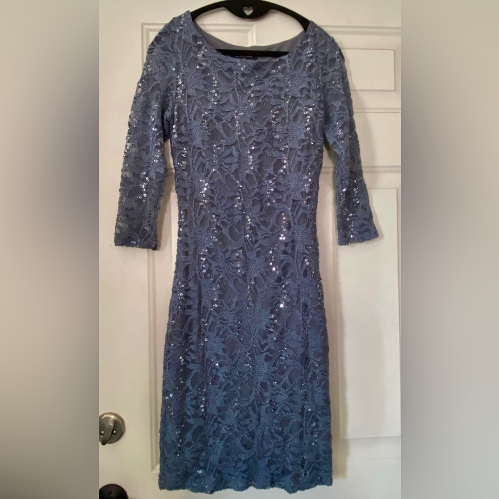 MARINA Blue Gray Sheath Dress 3/4 Sleeve Crew Neck